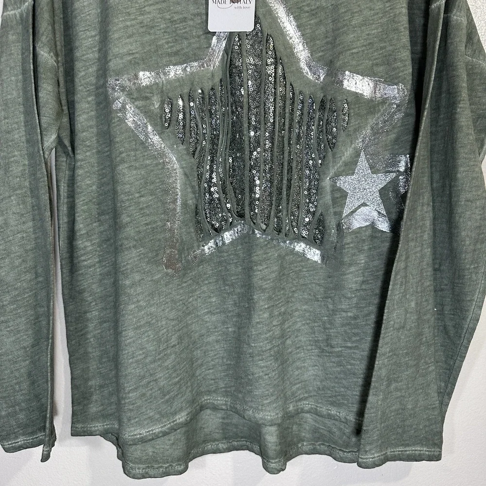 MADE IN ITALY Women's L Big Star Crewneck Long Sleeve Top Green - Picture 4 of 7